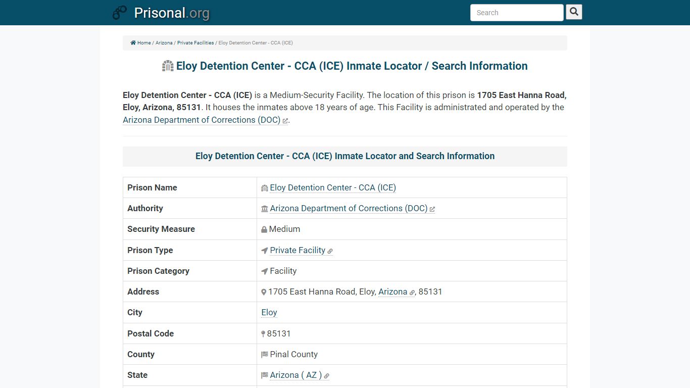 Eloy Detention Center - CCA (ICE)-Inmate Locator/Search ...